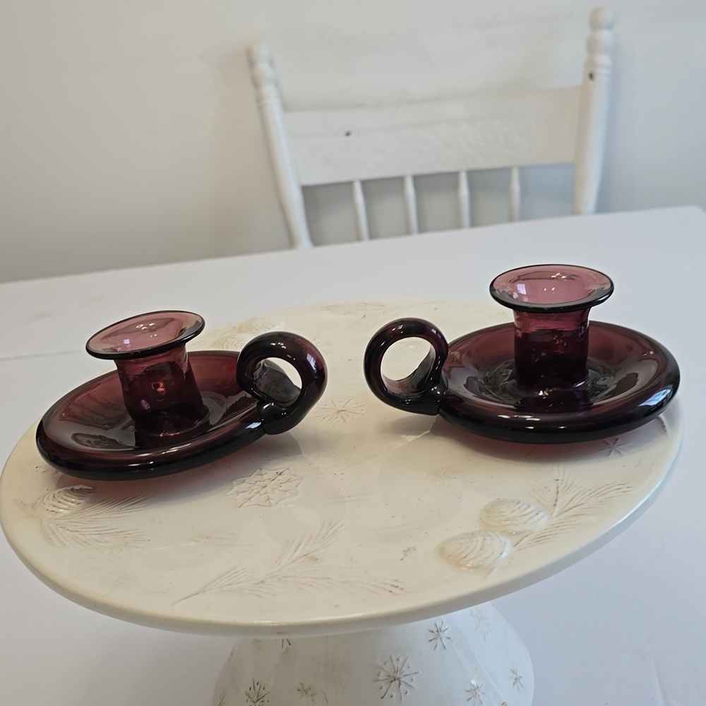 Vintage Set Of 2 Chamberstick Candle Holder Amethyst Studio Blown Art Glass